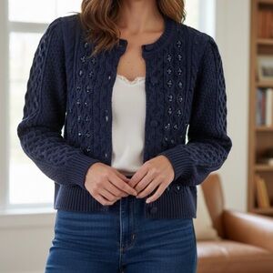 Caroline Constas Navy Embellished Cable Knit Puff Sleeve Cardigan